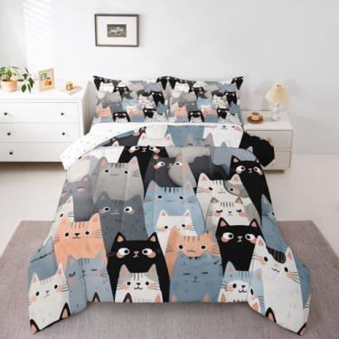 Imagem de jejeloiu Jogo de cama solteiro com estampa de gato fofo, para crianças, meninos, meninas, animais Kawai, edredom para decoração de quarto de microfibra, 2 peças com 1 fronha