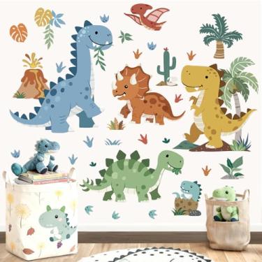 Imagem de decalmile Decalques de parede de dinossauro boêmio dino plantas tropicais palmeira vulcão adesivos de parede meninos quarto infantil quarto de bebê decoração de casa