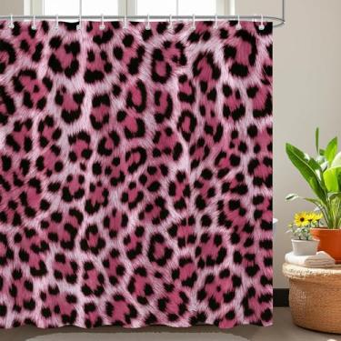Imagem de Emwnodti Cortina de chuveiro sexy com estampa de leopardo, animal selvagem, estampa de guepardo, conjunto de acessórios de banheiro de pele preta e rosa, tecido de poliéster, impermeável, 182 x 182 cm