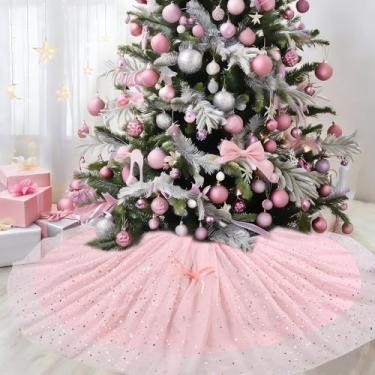Imagem de tiosggd Saia de árvore de Natal rosa claro, enfeite de árvore de Natal de tule rosa de 122 cm com lantejoulas para Natal, festa de casamento, feriado, tapete de cobertura de árvore de doces fofo para
