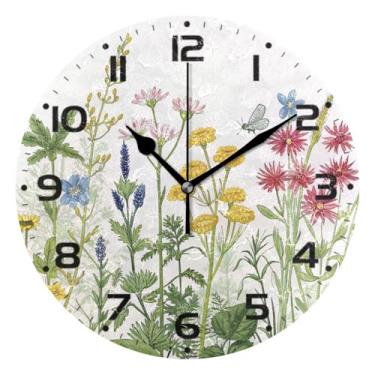 Imagem de JUZIHAI Relógio de parede colorido com ervas e flores, silencioso, redondo, sem tique-taque, operado por bateria, fácil de ler, relógio decorativo de parede para casa, cozinha, sala de estar, quarto