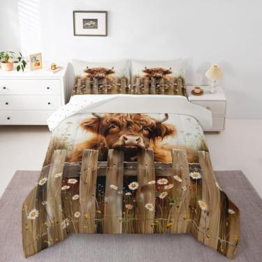Imagem de jejeloiu Conjunto de edredom infantil de vaca Highland, casinha de fazenda, animais do oeste, rústico, para decoração de quarto de crianças, meninos, meninas, microfibra, ultramacia, respirável