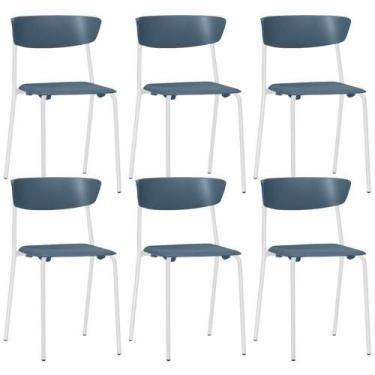 Imagem de Kit 06 Cadeiras Empilhável Fixa Atom F02 Base Aço Branco Azul - Lyam D