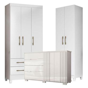 Imagem de Guarda Roupa Infantil Lima Com Cômoda Texas E Armário Multiuso New íris Branco Brilho – Moval