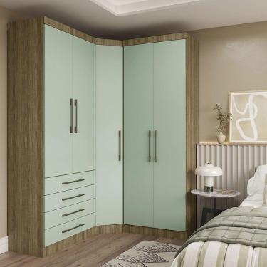 Imagem de Guarda Roupa De Canto 3 Peças 5 Portas 4 Gavetas Paris Luciane Móveis Avelã Pf-verde Pf