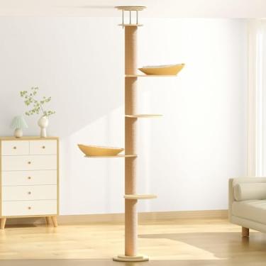 Imagem de Tinnmao Árvore de madeira maciça para gatos do chão ao teto, altura ajustável de 5 níveis (1,9 a 2,3 m), torre de escalada moderna com hastes de sisal de madeira espessas e cama aconchegante para
