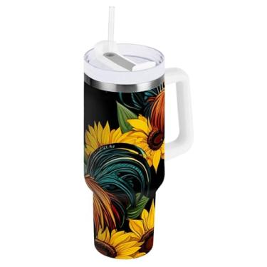 Imagem de ODAWA Copo isolado de aço inoxidável grande com tampa e canudo, girassóis de galo preto isolado copo de viagem