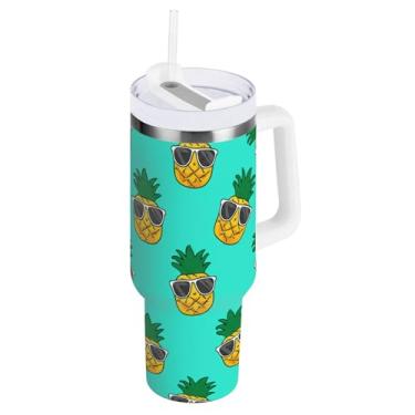 Imagem de ODAWA Copo de viagem grande isolado com alça e tampa de palha, lindo copo à prova de vazamento de abacaxi turquesa