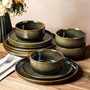 Imagem de TheTerra Conjunto de louça de cerâmica para 4, 12 peças, conjunto de pratos e tigelas de esmalte reativo feito à mão, resistente a arranhões, seguro para forno, micro-ondas e lava-louças, verde-oliva