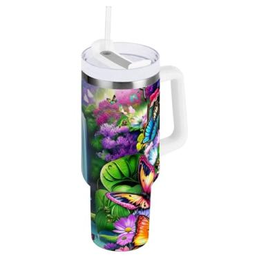 Imagem de ODAWA Copo grande isolado de outono com alça e tampa de palha, copo à prova de vazamento de paisagem floral borboletas