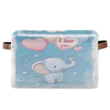 Imagem de Wassud Cesto de armazenamento de balão de coração de elefante de desenho animado para organizar caixa de armazenamento decorativa dobrável com alça de tecido de lona organizador para armário de casa e