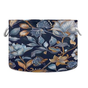 Imagem de Wassud Cesta de armazenamento floral elegante com alças cesto de lavanderia caixas de armazenamento redondas de lona cobertor de armazenamento para berçário 50,8 cm x 50,8 cm x 35,5 cm