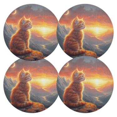 Imagem de Jogo americano redondo de gato pôr do sol, laranja, conjunto de 4 tapetes de mesa de PVC, mesa de jantar de 38 cm, tapetes laváveis para festa de Natal
