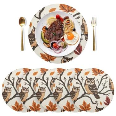 Imagem de Jogo americano de cozinha bege coruja árvore conjunto de 6, 38 cm resistente ao calor, jogo americano circular de PVC, para mesa de jantar, mesa de cozinha