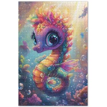 Imagem de Quebra-cabeça fofo cavalo marinho colorido adulto 500 peças arte animal pintura a óleo arte quebra-cabeça elefante branco, 50,5 x 14,9 polegadas