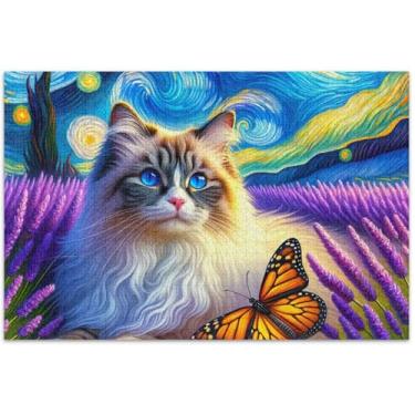 Imagem de Quebra-cabeça de gato fofo noite estrelada lavanda 500 peças para adultos jogo de brinquedo arte Prime Puzzles família elefante branco presentes, 51 x 35 centímetros