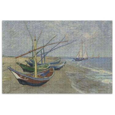 Imagem de Van Gogh Quebra-cabeça barcos de pesca praia adultos 1000 peças divertido bobo rígido colorido floral
