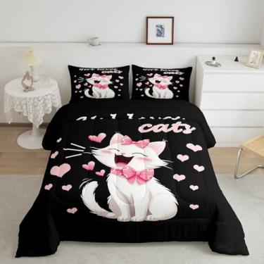 Imagem de jejeloiu Jogo de cama solteiro com estampa de gato, fofo, animal, para meninos, meninas, adolescentes, terra, preto, respirável, macio, leve, conjunto de edredom de microfibra