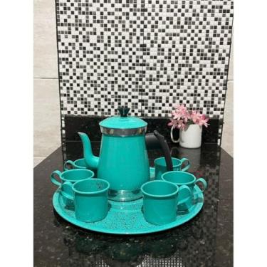 Imagem de Kit jogo de bule com 6 xícaras e bandeja café chá alumínio retro prêmio(Verde)