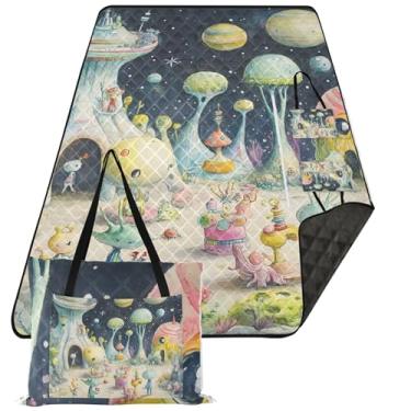 Imagem de TSENQUE Whimsical Scene Aliens Space No Sand Beach Blanket impermeável, floral acampamento cobertor para grama grande tapete piquenique cobertor fofo, 203 cm x 152 cm