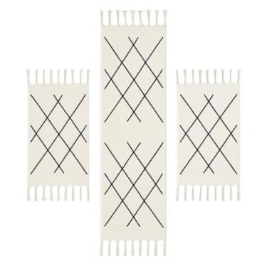 Imagem de Kit Tapete Cozinha Algodão Artesanal com Passadeira Geométrica 3 Peças Decorativo(Geometrico)