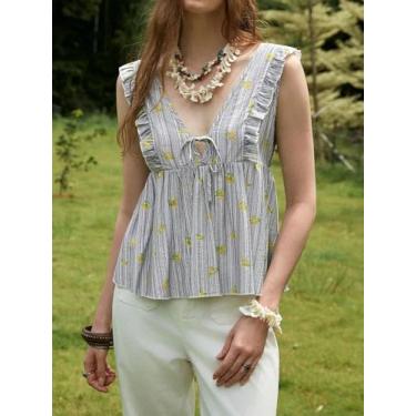 Imagem de Blusa feminina cinza listrada floral sem mangas - top peplum com acabamento de babados na frente, Cinza, Large