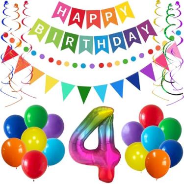 Imagem de ANSOMO Decorações de festa de 4º aniversário, arco-íris, colorido, faixa de feliz aniversário, quatro anos de idade, decoração para bebês, meninos, meninas, número 4, guirlanda de balões