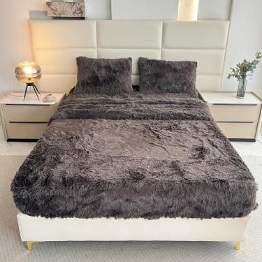 Imagem de chovy Jogo de lençol Queen cinza de pele sintética com flanela de veludo macio e felpudo (2 fronhas, 1 lençol de cima, 1 lençol com elástico)
