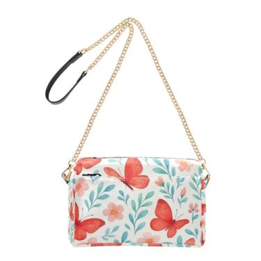 Imagem de Joitme Bolsa tiracolo feminina bolsa para celular aquarela borboletas vermelhas floral couro PU bolsa de ombro com alça de corrente