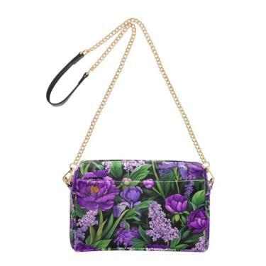 Imagem de Joitme Bolsa de ombro feminina transversal para celular linda floral vibrante peônias roxas bolsa de ombro de couro PU com alça de corrente