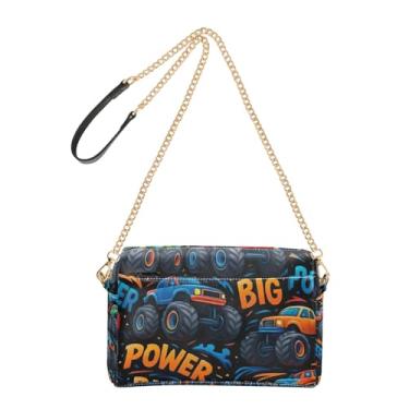Imagem de Joitme Bolsa de ombro feminina tiracolo Cool Monster Trucks bolsa preta para celular bolsa de ombro com alça de corrente de couro PU