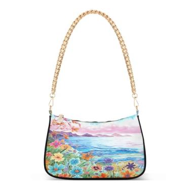 Imagem de Bolsa de corrente de ombro marítimo com flores em aquarela, bolsa feminina Hobo, bolsa de mão artística floral para noite