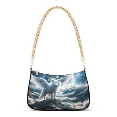 Imagem de Bolsa de ombro branca com corrente de animal nublado e lua, bolsa de mão artística média para mulheres, bolsa clutch Hobo versátil