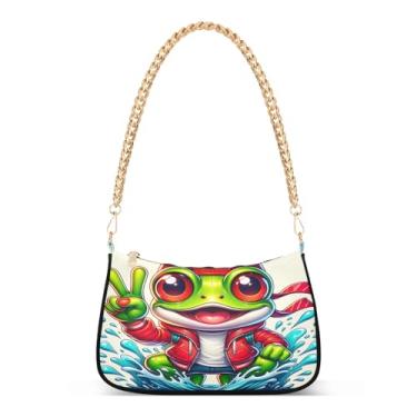 Imagem de Linda bolsa de ombro com corrente de sapo de desenho animado, bolsa Hobo feminina colorida para uso diário e festa