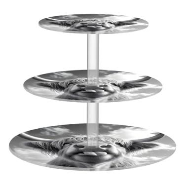 Imagem de Funny Highland Cow, preto, 3 camadas, suporte para cupcake, xícara de chá, torre de bolo, lindas bandejas de servir de formatura para festa, sobremesa, decoração de mesa