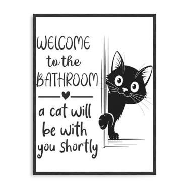 Imagem de Dazzlewall Decoração de arte de parede de banheiro de gato engraçado, Bem-vindo ao banheiro, pôster de parede em tela preto e branco, imagens caprichosas de gatos para banheiro, 30 x 40 cm, sem