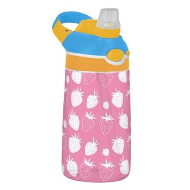 Imagem de Garrafa de água esportiva infantil Tritan de 473 ml com tampa de palha, garrafa de água reutilizável para escola, copo infantil de 473 ml, alça de transporte, rosa morango branco rosa