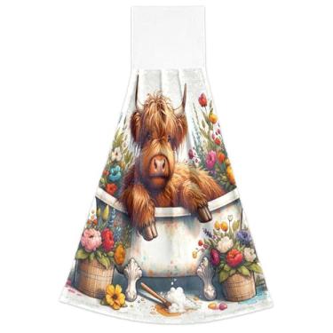 Imagem de Joitme Toalhas de mão com laços para pendurar, lindas flores de vaca Highland Conjunto de 2 toalhas de banho, toalhas de cozinha macias e absorventes fofas, 46 x 35 cm