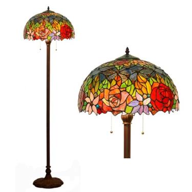 Imagem de Luminária de chão Tiffany em vitral, decoração para casa, estilo antigo, com flores em tons de vermelho e laranja, luminária de leitura com cúpula de rosa feita à mão de 40 cm de diâmetro e