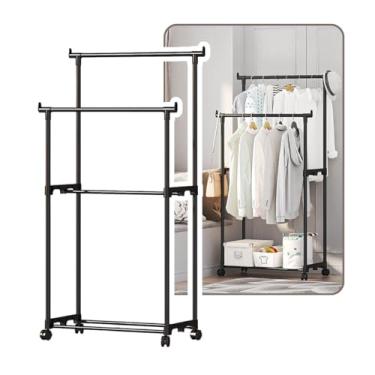 Imagem de Arara Cabideiro Vertical com Rodinhas Ganchos Organizador Roupas Aberto Desmontável Closet Sapateira (Preto)