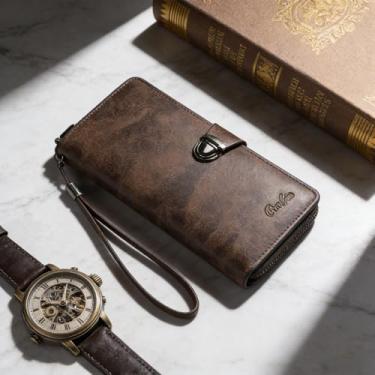 Imagem de Carteira masculina Business marrom escuro grande capacidade zíper cor sólida microfibra ultrafina, design de zíper de grande capacidade para negócios em microfibra de cor sólida, ultrafina