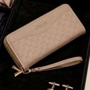 Imagem de Carteira feminina, bolsa de mão longa europeia estilo retrô com zíper duplo com alça de pulso, organizador de couro de duas camadas de grande capacidade com bloqueio RFID (Cáqui)