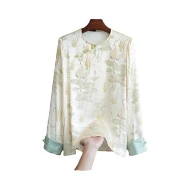 Imagem de Blusa Feminina Vintage De Seda Jacquard Bordada Com Manga Longa Estilo