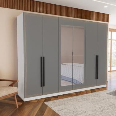 Imagem de Guarda Roupa Roupeiro 6 portas 4 gavetas com Espelho Valência Branco Cinza Politorno Móveis