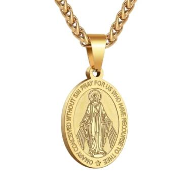 Imagem de DNBVII Colar oval de aço inoxidável com pingente de Virgem Maria para homens e mulheres - Medalha católica milagrosa, amuleto de proteção de fé religiosa com corrente de 61 cm (ouro)