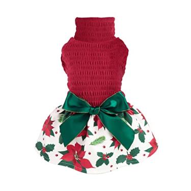 Imagem de Fitwarm Fantasia de Natal Poinsétia Flor Cachorro Roupas de Natal Meninas Cachorro Vestido de Natal Leve Veludo Gola Alta Roupas para Cachorros Roupas de Cachorro Roupas de Gato Uma Peça Vermelha PP