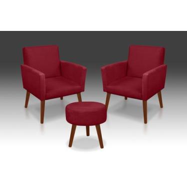 Imagem de Kit 02 Poltrona  Nina +01 Puff Redondo Suede Vermelho- Modena Decor   
