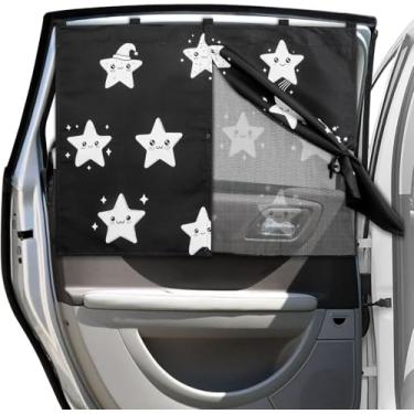 Imagem de Janelas de carro para janelas laterais de bebê, design magnético de camadas duplas para capas completas/opções de meia sombra, 2 pacotes com padrão de estrelas para proteção contra calor/proteção UV