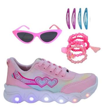Imagem de Tênis Led Infantil Feminino Casual Jogging Estrela Coração Rosa +Óculo