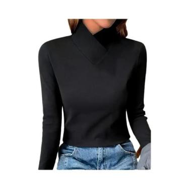 Imagem de Camiseta feminina casual de manga comprida e gola alta outono/inverno 